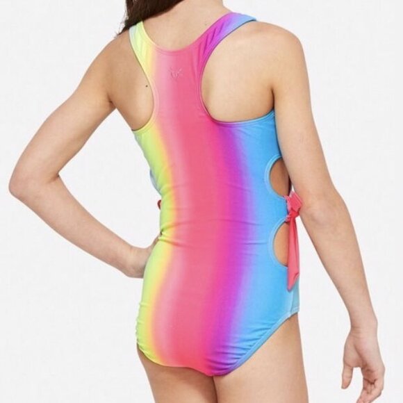 Justice Girls Rainbow Side Cutouts Racerback One Piece, Neon - Picture 2 of 9